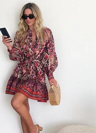 Сукня принт малюнок з поясом коттон бохо zara xs s 0034/042