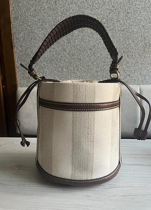Стильна тканинна сумка відро zara ( canvas stripe bucket bag ) з коричневим оздобленням із шкіри