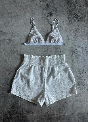 Костюм жіночий літній топ + шорти коттоновий костюм бавовна жатка bershka s m білий