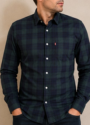 Оригинальная рубашка levi's slim fit l 100% хлопок клетка зеленая синяя приталенная