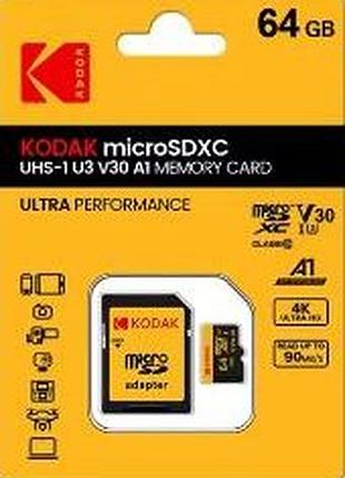 Kodak micro-sd 64 gb до 90 мб/с class 10 + sd-адаптер. нова