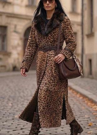 Довге хутряне пальто-тренч carry leather & fur кенгуру принт леопард, шкіра, комір норка, італія