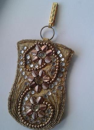 Чохол для окулярів/сумочка вінтажна розшита намистинами та стразами золото