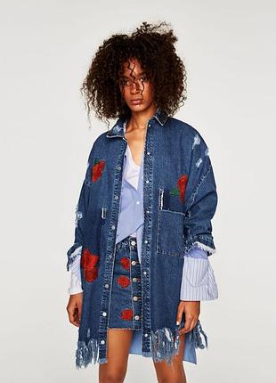 Джинсова сорочка zara з вишивкою троянд джинсовий піджак рубашка