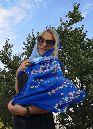 Жіночий шарф шовковий. світло блакитного синього рожевого кольору. горох. 180/60