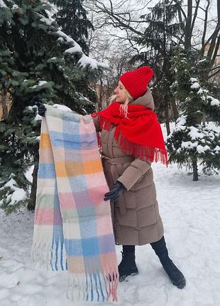 Жіночий кашеміровий теплий шарф. дреди. клітинка. блакитний, рожевий, помаранчевий. бахрома крупна. кашемір. 210х40 см