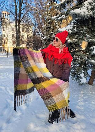 Жіночий кашеміровий теплий шарф. дреди. клітинка. жовтий, рожевий, бежевий. бахрома крупна. кашемір. 210х50 см