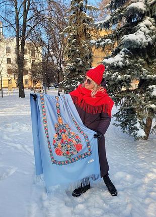 Женский шарф с вышивкой "рамка цветов". голубой. вышивка. кашемир. 180х70 см