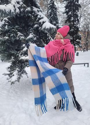 Жіночий кашеміровий теплий шарф. дреди. клітинка. синій, блакитний. бахрома крупна. кашемір. 210х40 см