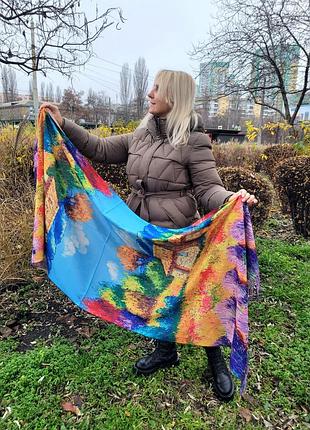 Жіночий двосторонній кашеміровий шарф-палантин. картина з пейзажем. блакитно-жовтий. друга сторона персикова. кашемір. 185х75 см