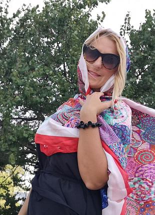 Жіночий шарф шовковий. рожевий синій червоний бірюзовий блакитний. орнамент.180/60