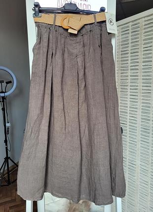Женская итальянская льняная юбка с вытачками и поясом oversize. однотонная. с карманами. мокко. лен. one size