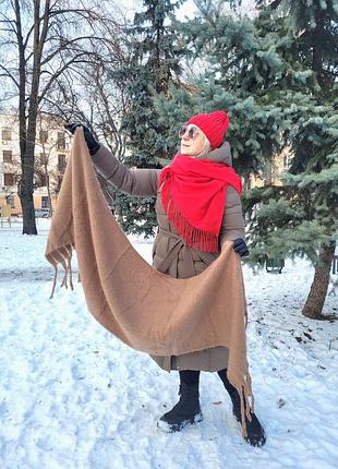 Жіночий кашеміровий теплий шарф. дреди. однотонний. світло-коричневий. бахрома крупна. кашемір. 210х50 см