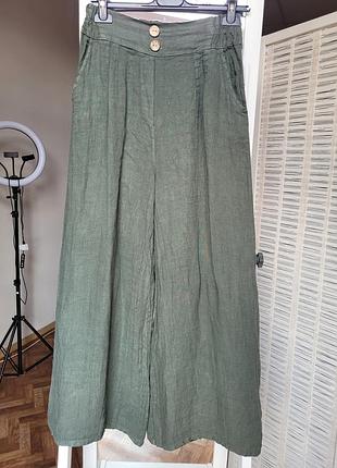Жіночі італійські лляні штани палаццо oversize. однотонні. з карманами. оливкові, зелений хакі. льон. one size