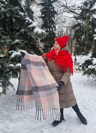 Женский кашемировый теплый шарф. дреды. клетка.пудрово-розовый, серый. бахрома крупная. кашемир. 210х50 см
