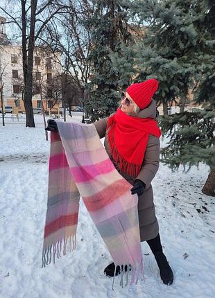 Жіночий кашеміровий теплий шарф. дреди. клітинка. яскравий. рожевий, лавандовий, пудровий. бахрома крупна. кашемір. 210х40 см