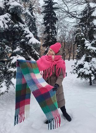Жіночий кашеміровий теплий шарф. дреди. клітинка. яскравий. синій, зелений, рожевий. бахрома крупна. кашемір. 210х40 см