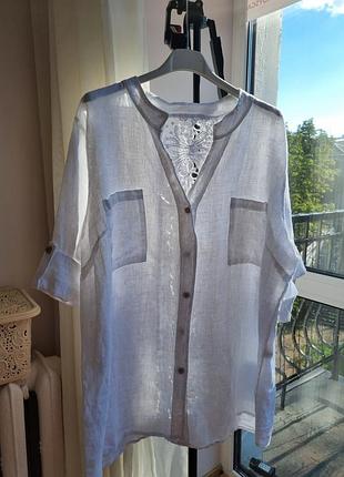 Жіноча італійська лляна блуза-сорочка з паєтками та мереживом oversize. однотонна. біла. льон. one size
