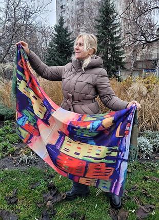 Жіночий двосторонній кашеміровий шарф-палантин. картина будинки. яскравий. друга сторона рожево-пудрова. кашемір. 185х75 см