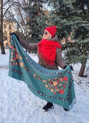 Жіночий шарф з вишивкою "рамка квітів". зелений, оливковий. вишивка. кашемір. 180х70 см