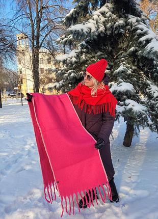 Жіночий кашеміровий теплий шарф. дреди. однотонний з декоративною прошивкою. малиновий яскравий. бахрома крупна. кашемір. 210х50см