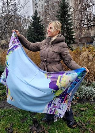 Жіночий двосторонній кашеміровий шарф-палантин. картина місто. блакитно-фіолетовий. друга сторона синя. кашемір. 185х75 см