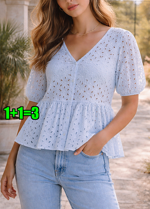 1+1=3 небесно-голубая приталенная блузка прошва f&amp;f, размер 48 - 50