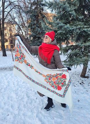 Женский шарф с вышивкой "рамка цветов". белый. вышивка. кашемир. 180х70 см