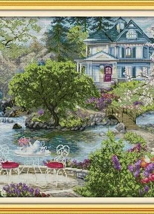 Набір для вишивання за нанесеною на канву схемою "waterfront family". aida 14ct printed , 62*52 см