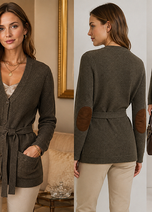 Коричневый шерстяной кардиган от lauren ralph lauren отличается характерной текстурной вязкой и поясом.