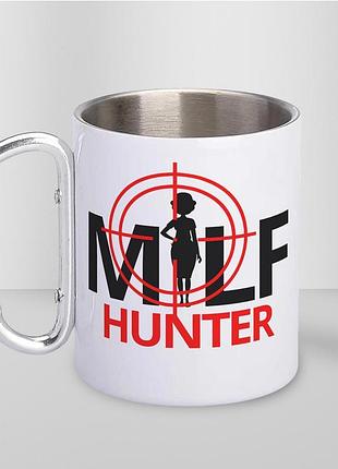 Кружка металлическая с карабином туристическая "milf hunter" 400 мл белая
