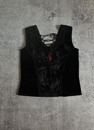 Топ жіночий готичний gothic з вишитою пентаграмою darkwear goth grunge гранжевий на шнурівці бархатний 100% віскоза bares l xl чорний