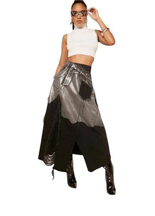 Эффектная джинсовая юбка shein (denimoi) в стиле color-block / асимметричная меди-макси с металликом