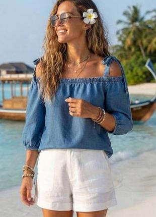 Дуже красива блузка блуза new look denim ліоцелл с відкритими плечами 12(40) р-р бренд оригінал
