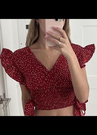 Shein топ блузка блуза майка у горошок горох з оборками воланами рюшами рукавами вузлуватий гофрований з бантиками літній тонкий легкий червоний