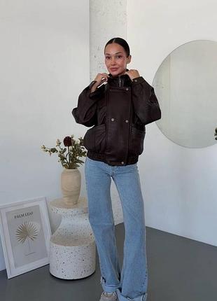 Жіноча куртка з екошкіри oversize весна-осінь — чорна, шоколад
