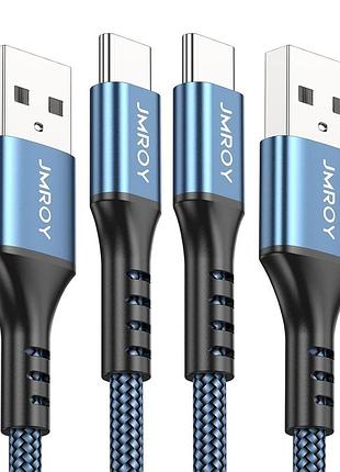 Зарядный кабель type-c jmroy 2 шт(2 и 1м) usb-c, нейлоновый плетеный, быстрая зарядка 3,1а