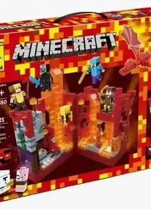 Конструктор led майнкрафт minecraft битва в аду 856 деталей деревня, крепость, ферма + человечки + свет