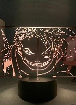 Світильник з 3d ефектом led лампа зоро та луффі нічник з аніме one piece