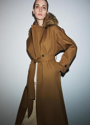 Тренч оверсайз zara с воротником из искусственного меха лимитированная коллекция