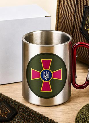 Металлическая кружка для военного с эмблемой национальной гвардии украины и карабином 300 мл