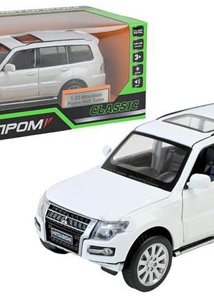 Машина металева 68463w 1:33 "mitsubishi pajero 4wd turbo", на батарейках, світло, звук, відкриваються двері, коробка 18x9x8 см