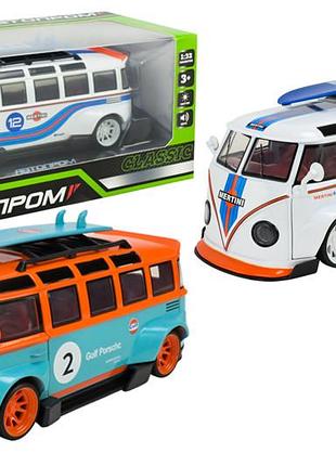 Машина металлическая ap74242 1:32 volkswagen t1 bus,2 цвета батар, свет, звук, отк.двери,короб. автопром
