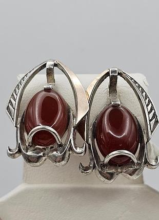 Сережки серебряные с золотыми пластинами и сердоликом 10,24 г