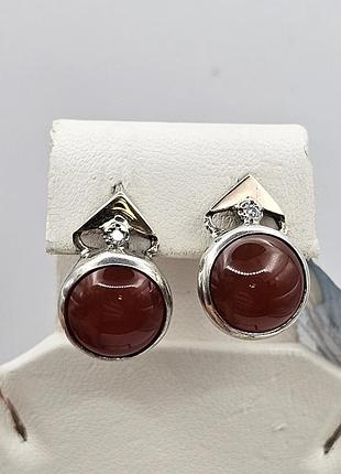 Сережки серебряные с золотыми пластинами, фианитом и сердоликом 8,62 г