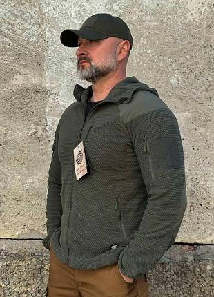 Кофта флисовая han-wild l3 grid fleece олива с капюшоном. мужская флисовая кофта мультикам военная с липучками под шевроны