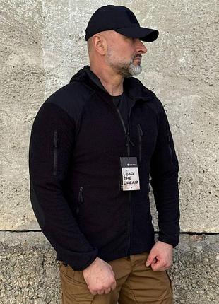 Кофта флисовая han-wild l3 grid fleece черная с капюшоном. мужская флисовая кофта мультикам военная с липучками под шевроны