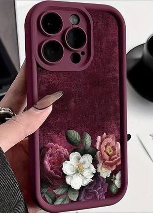 Чехол для iphone 17 pro max силиконовый с цветочным принтом бордовый — накладка с защитой камеры