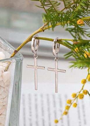 Серебряные серьги с крестом подвески крупные без камней