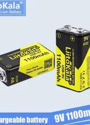 Аккумулятор крона 9v li-ion liitokala 1100 мач с зарядкой type-c, аккумуляторная батарейка 6f22